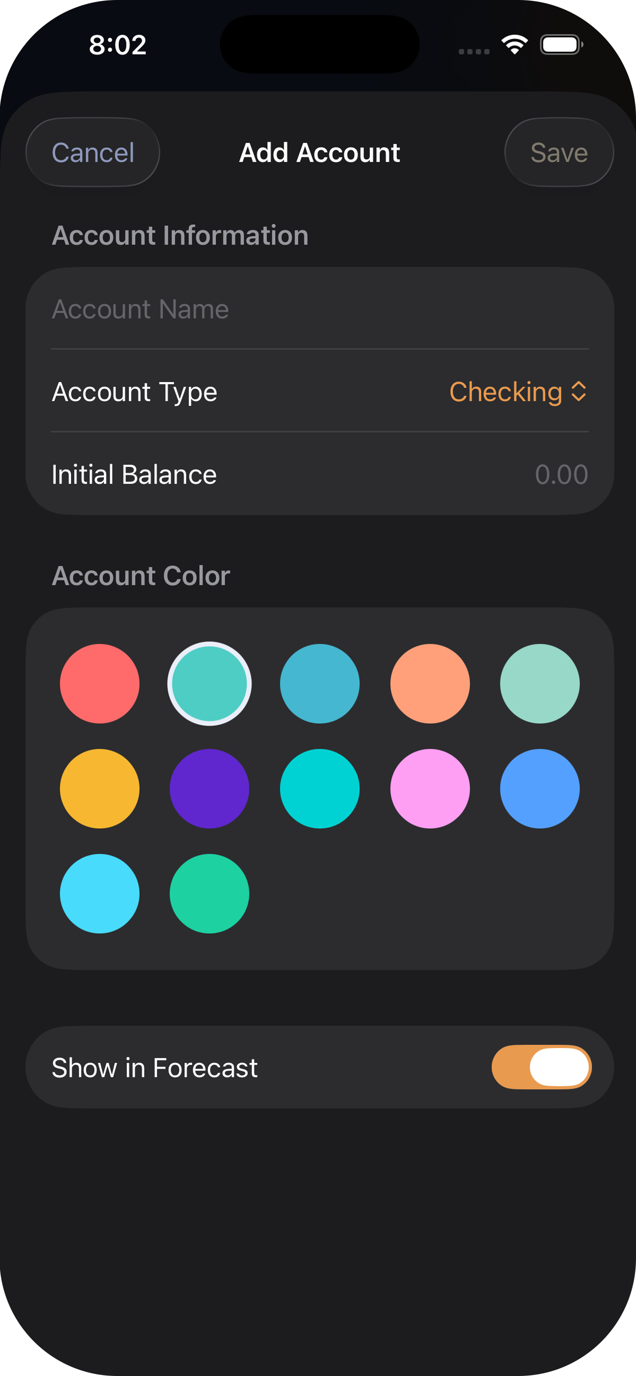 Add Account screen in Charli