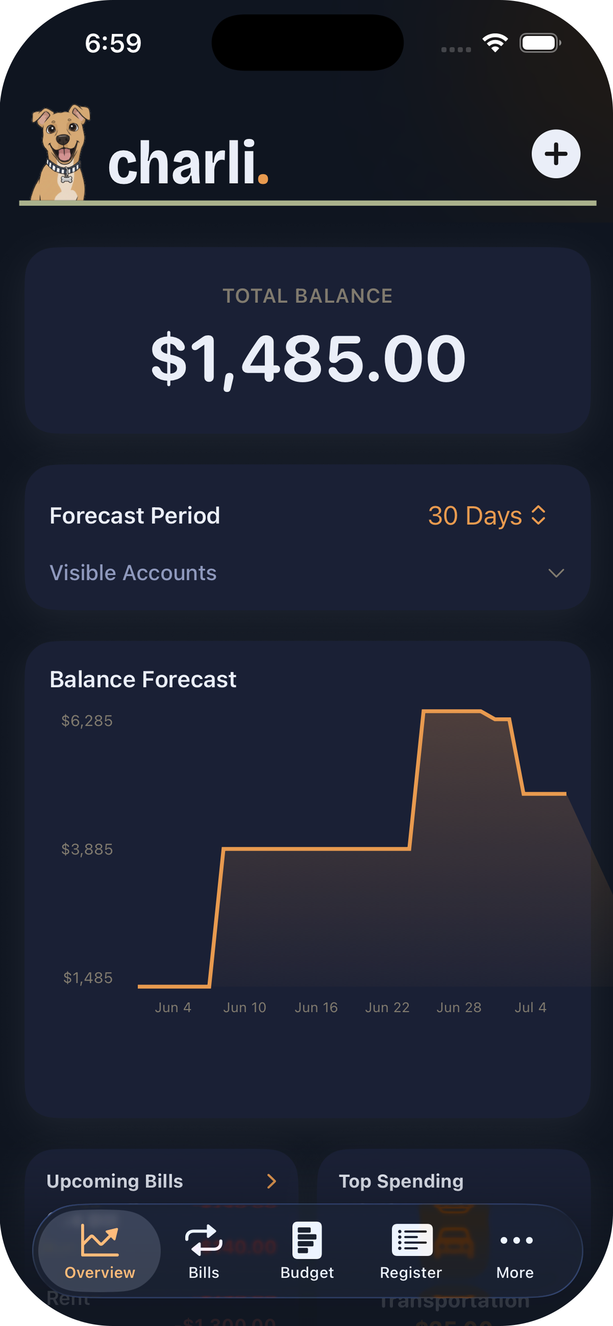 Overview and Balance Forecast screen in Charli